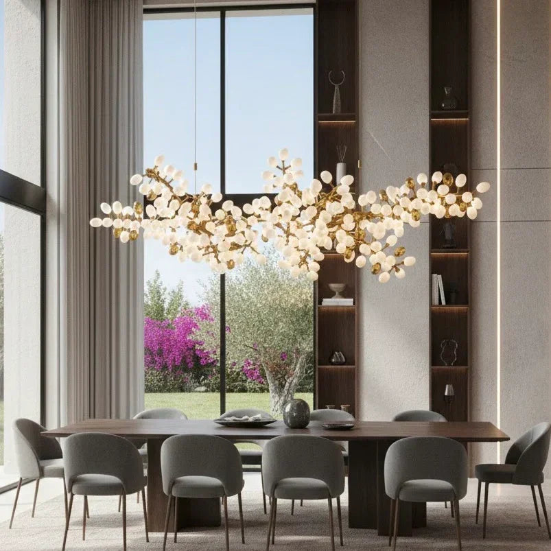 Scandinavian hygge dining room lighting with a modern Nordic chandelier creating a warm and cozy atmosphere