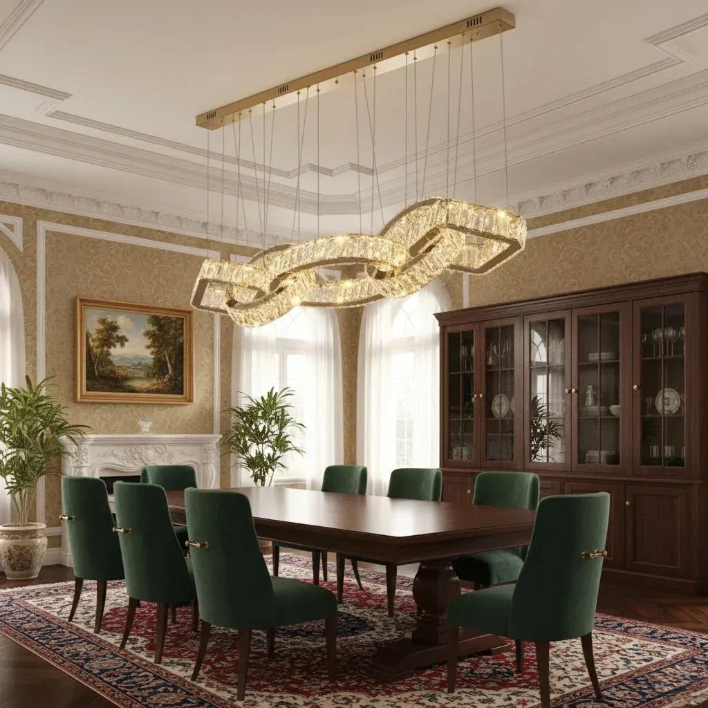 Modern luxury LED chandelier hanging in a contemporary living room - Skandia Lights design