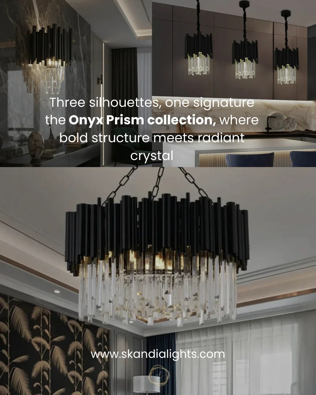 Luxury Onyx Prism LED lighting collection featuring chandelier, ceiling light and wall sconce