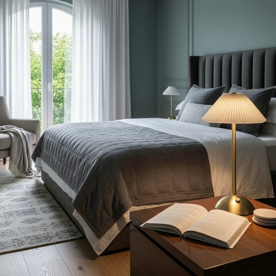 Cordless Plissé rechargeable LED table lamp with pleated design