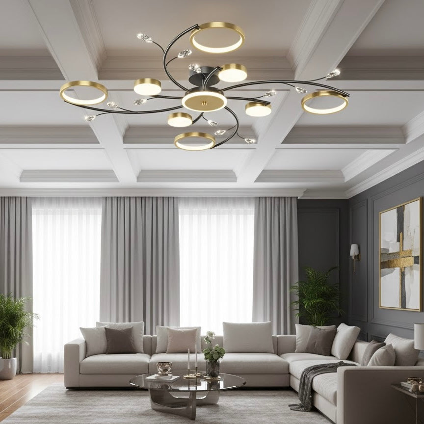 Orbital Flow modern Scandinavian LED ceiling chandelier with curved gold rings